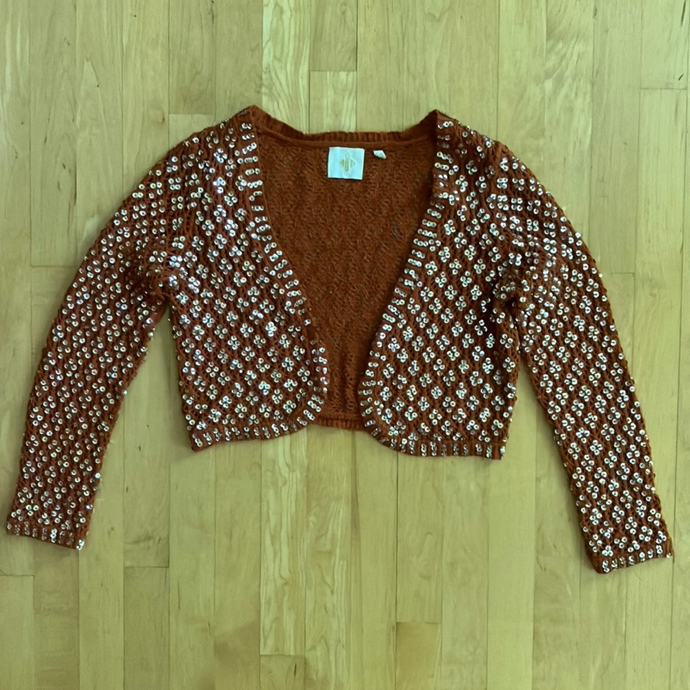 Anthropologie sequined bolero shrug burnt orange rust cotton Medium